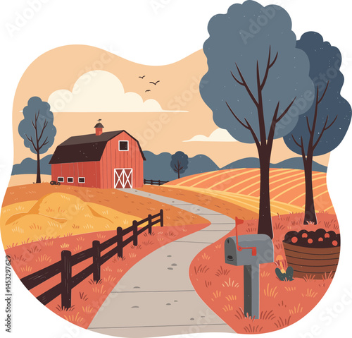 Rural farm landscape with red barn and winding path in autumn season vector illustration 