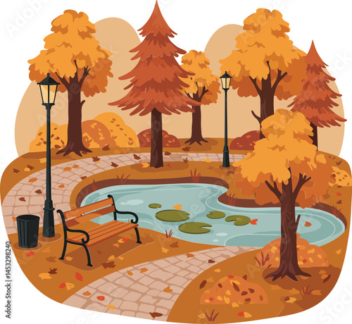 Autumn park landscape with orange foliage, pond, bench, and vintage street lamps in fall season vector illustration 