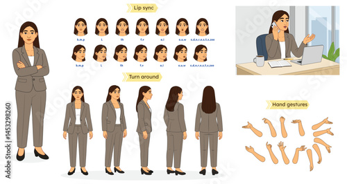 Business Female/ Woman Character Model Sheet – Office Setting Illustration. Business woman Creation Set, Animation Character, 2d Animated Character, Character Model Sheet. Business Woman Model sheet.