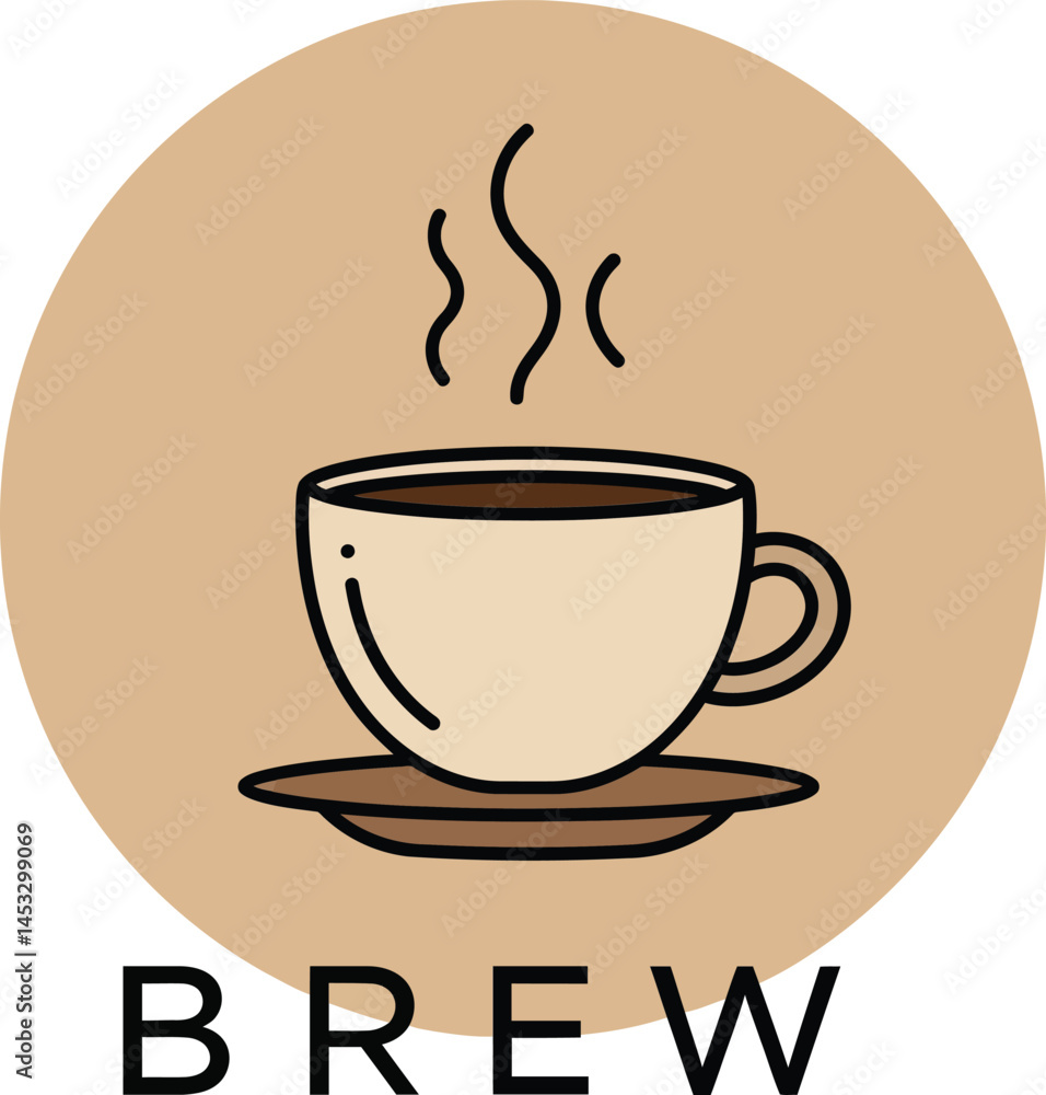 Obraz premium Hot coffee cup with steam and saucer simple brew icon in beige background vector illustration 
