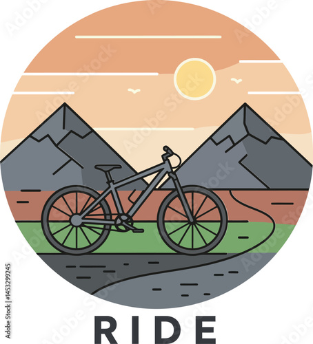 Mountain bike ride outdoor adventure vector illustration with sunset sky and winding road 