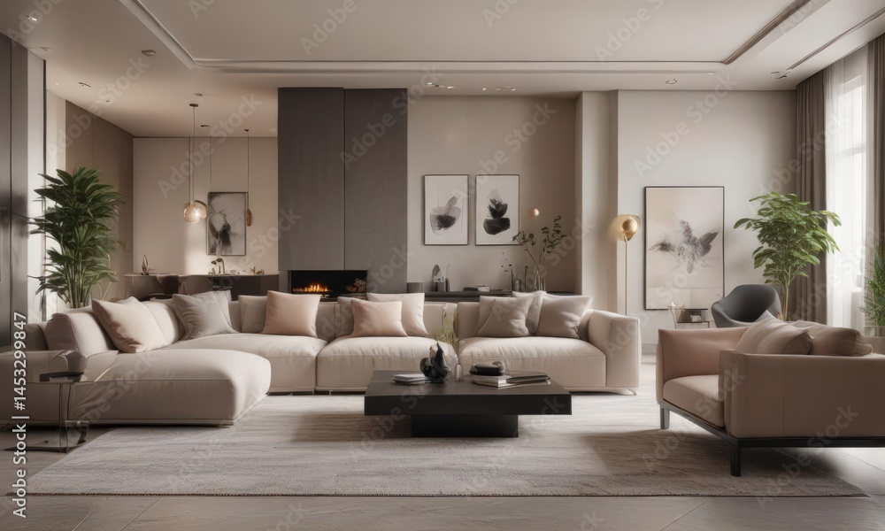 Sophisticated living space featuring sleek lines & muted tones , relaxing, furniture Sophisticated living space featuring sleek lines & muted tones , relaxing, furniture