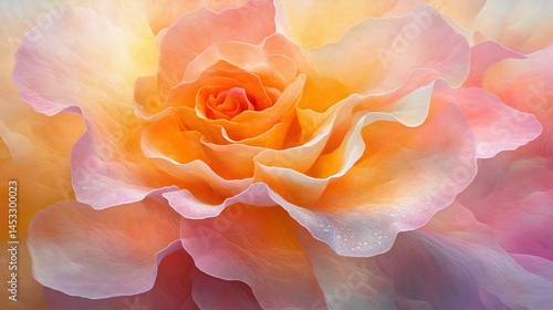 Floral blossom unfolds in soft pink, orange hues against a watercolor backdrop