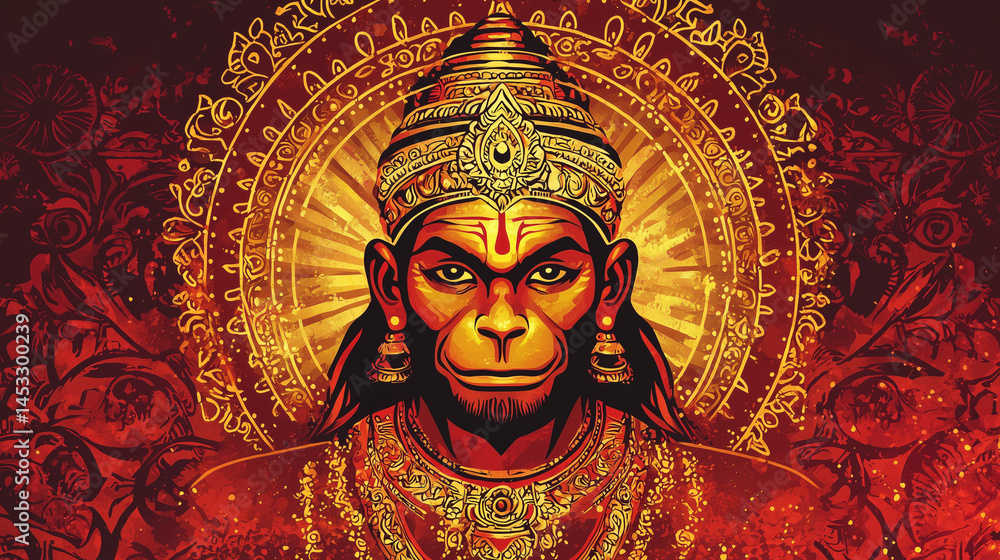 Obraz premium Royal Hanuman Jayanti Banner Featuring Close-Up Portrait Of Lord Hanuman With Mandala Ornament For Hindu Festival Poster And Indian God Worship Art