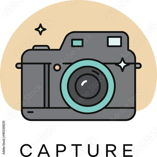 Retro style camera illustration with capture text and beige background vector graphic design 