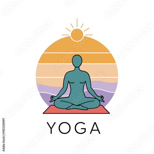 Yoga meditation silhouette with sun and colorful horizon background vector illustration for relaxation and mindfulness practice 
