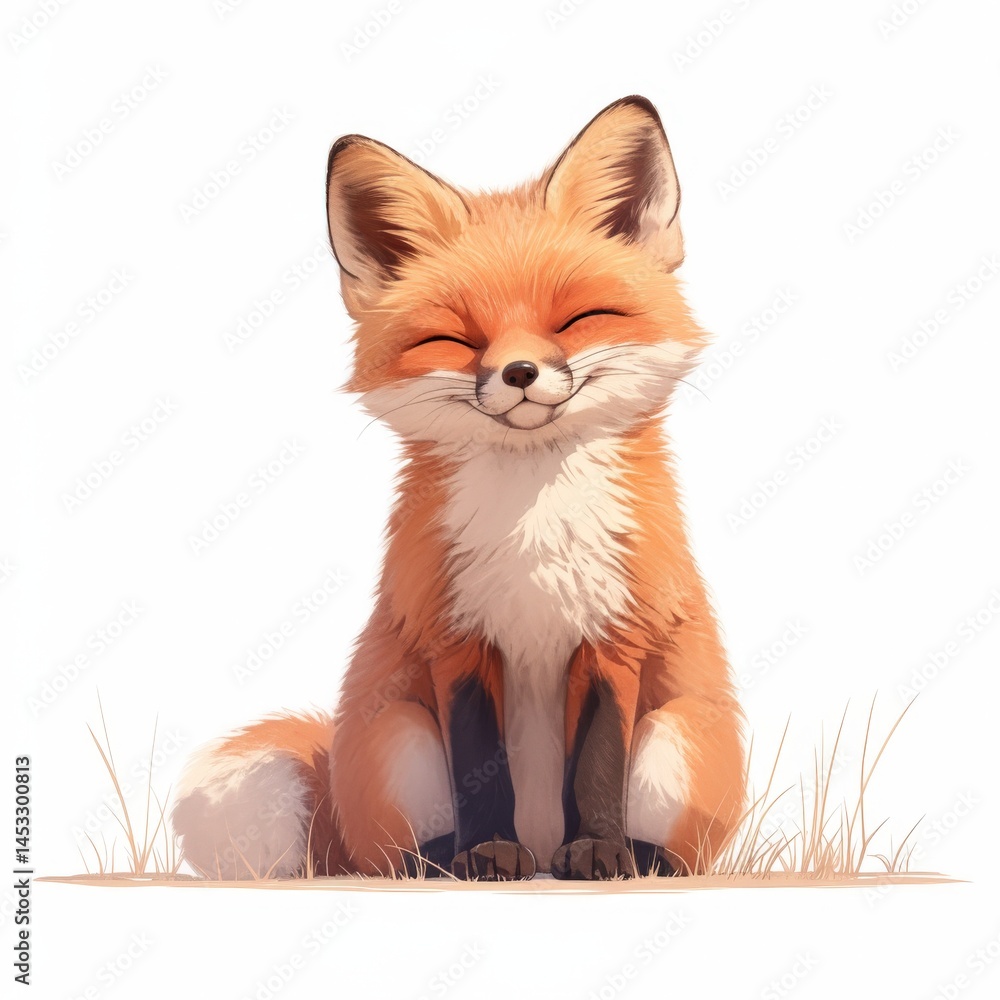 Fototapeta premium Adorable, smiling fox sitting on ground; fluffy, orange, and cartoon-styled