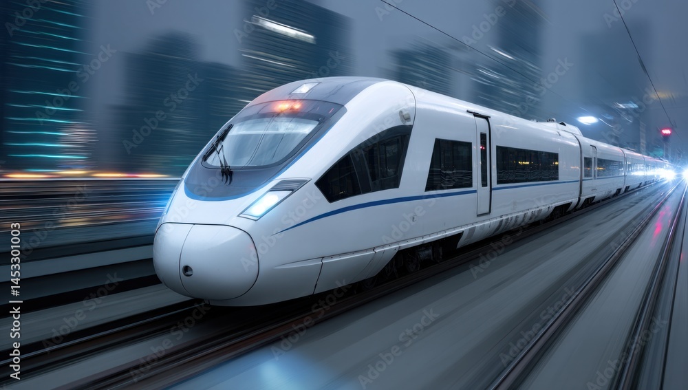 Fototapeta premium High-Speed Rail: A Modern Marvel of Transportation Technology, Traveling Rapidly Through Urban Landscapes at Night