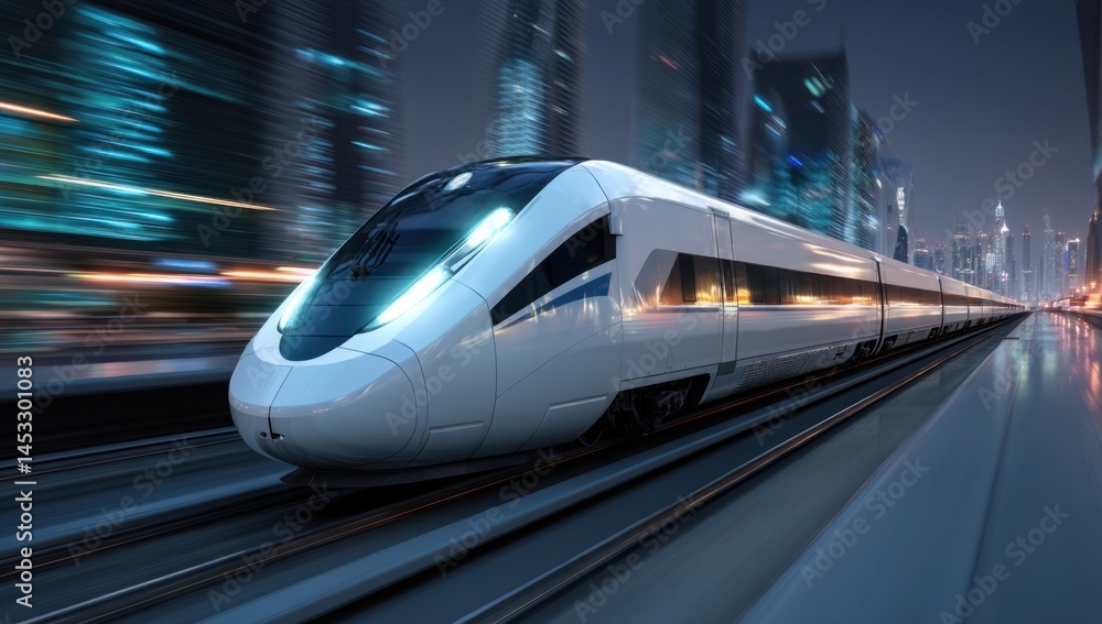 Fototapeta premium High-Speed Train Journeys Through Cityscapes at Night, Modern Rail Travel in Urban Environments.