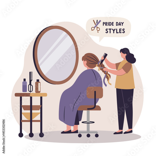 Hairdresser styling woman hair for Pride Day celebration with scissors and comb in salon vector illustration 
