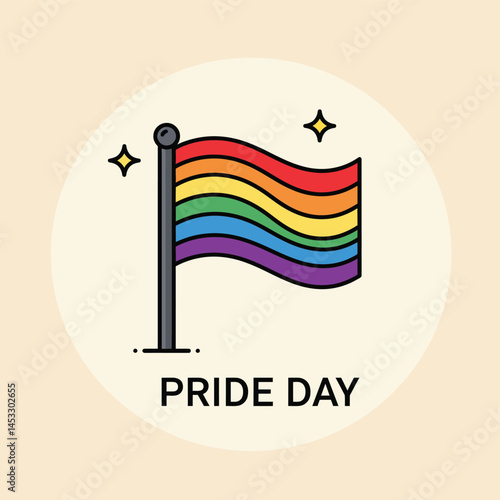 Rainbow pride flag waving on pole celebrating Pride Day with stars and bright colors vector illustration 