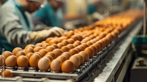 Eggs Moving on a Conveyor Belt at a Poultry Farm