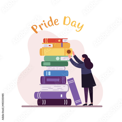 Woman placing sunflower on stack of colorful books celebrating Pride Day occasion with vibrant colors vector illustration 