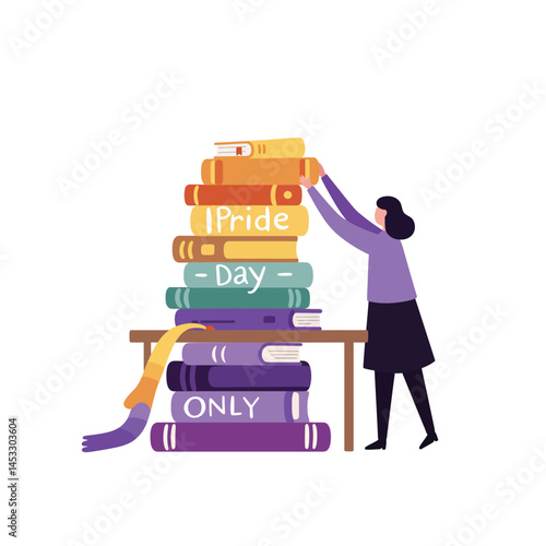 Woman arranging colorful books with Pride Day message in casual outfit on white background vector illustration 