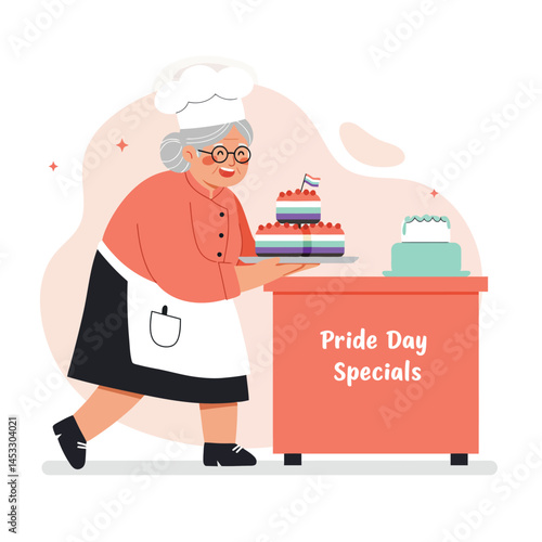 Elderly woman chef serving decorated cakes for Pride Day specials celebration with baking hat and apron 