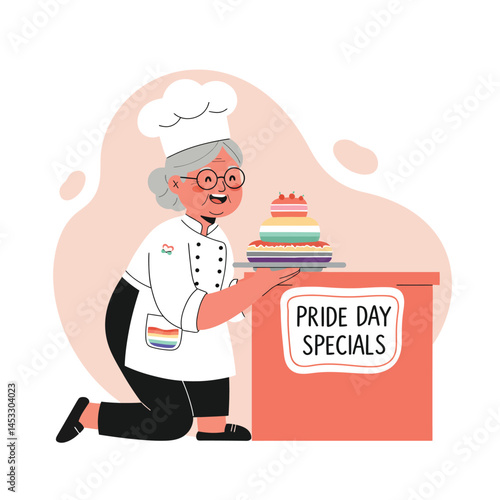 Female chef serving colorful layered cake celebrating Pride Day specials with rainbow colors in kitchen scene vector illustration 