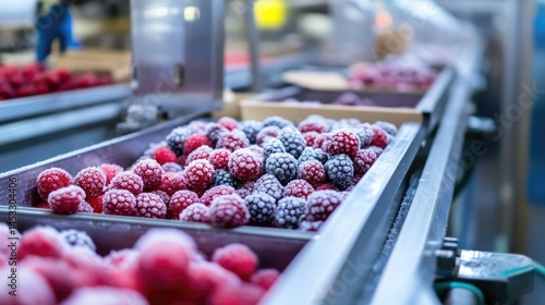 Frozen Berries on a Conveyor Belt in a Food Processing Facility