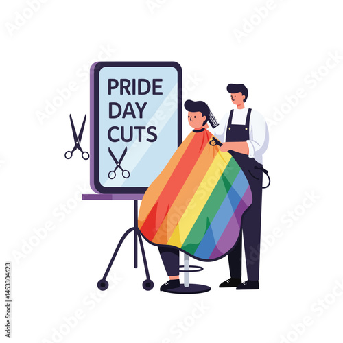 Pride Day Haircut Celebration with Rainbow Cape and Barber Providing Inclusive Styling Services