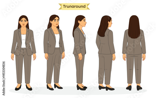  Business Woman Turnaround Sheet – Front, Side, ⅓ Front view, ⅓ Back View and Back Views in Professional Attire. Female Character Turnaround Sheet.
