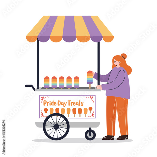 Person buying colorful pride day treats from street vendor cart with striped canopy vector illustration 