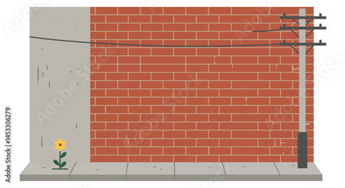 Single yellow flower growing next to red brick wall with sidewalk and wooden telephone pole vector illustration 