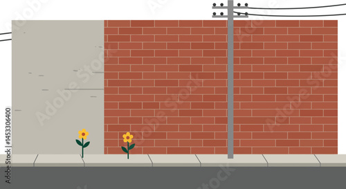 Urban street scene with brick wall, sidewalk, utility pole, and small yellow flowers in vector illustration 
