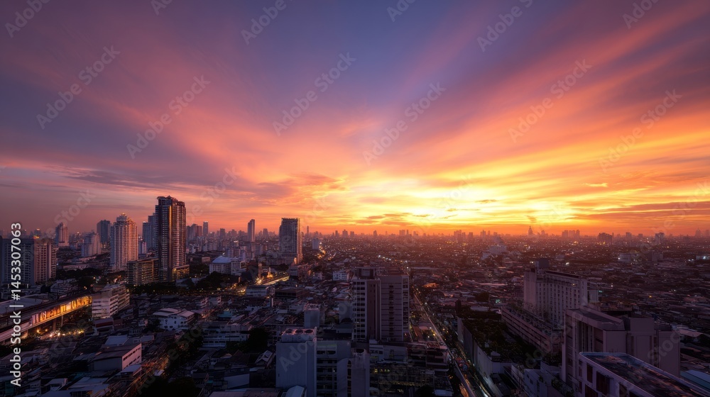 Obraz premium city skyline at sunset with dramatic clouds.
