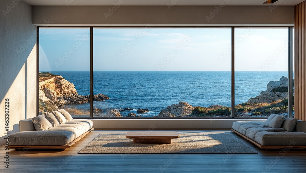 Fototapeta premium Spacious living room with panoramic ocean views.