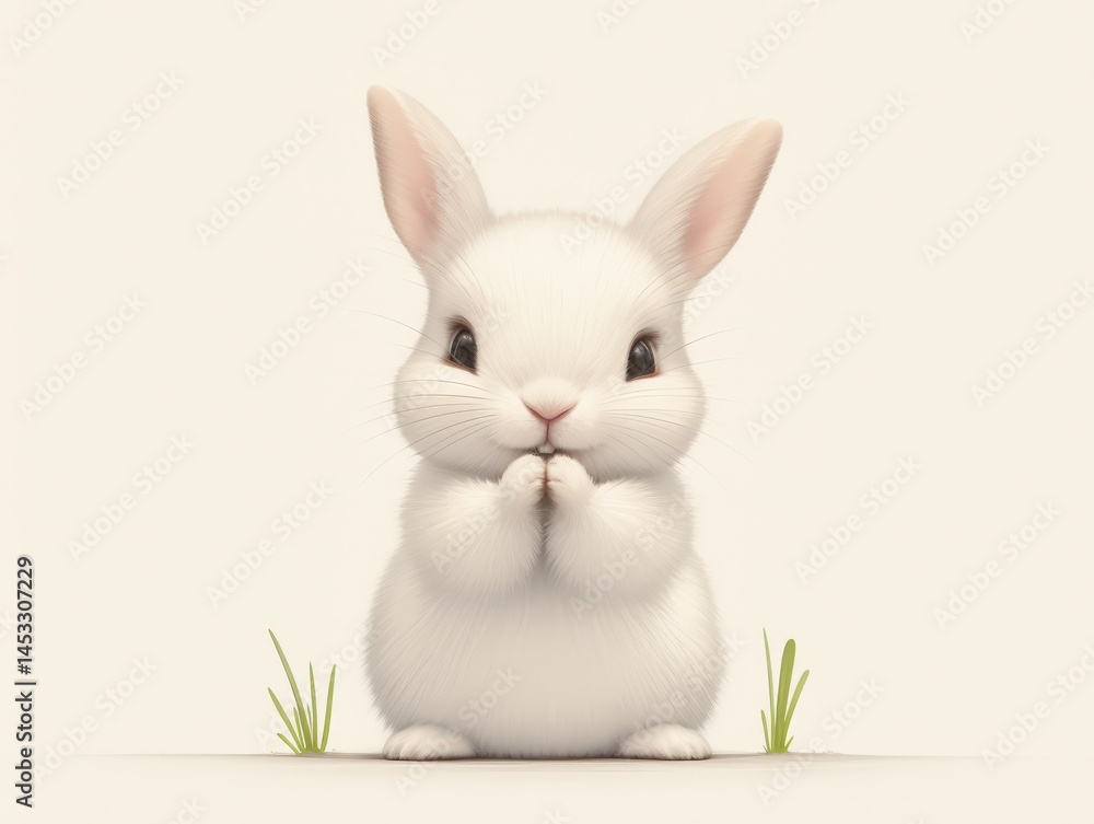 Obraz premium Adorable white bunny sitting upright with paws together on a pastel background