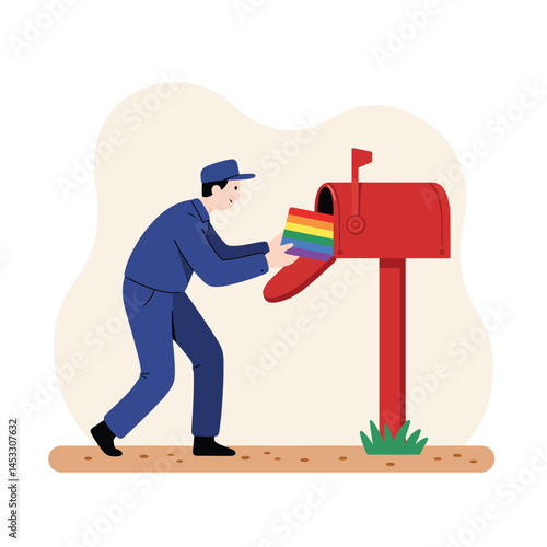 Mail carrier delivering rainbow flag letter to red mailbox in flat vector style illustration
