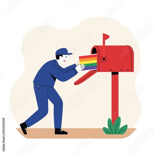 Mail carrier delivering pride flag envelope to red mailbox in flat style vector illustration for inclusivity and communication awareness