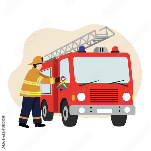 Firefighter attaching ribbon to red fire truck in safety uniform vector illustration 