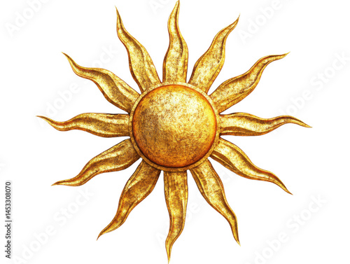 Decorative golden sun with artistic rays on white background.