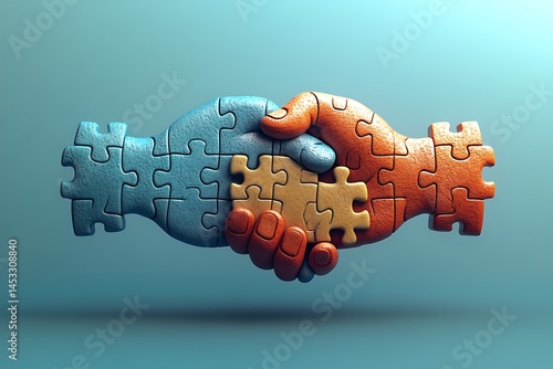 Collaborative partnership handshake made of puzzle pieces concept for business solutions