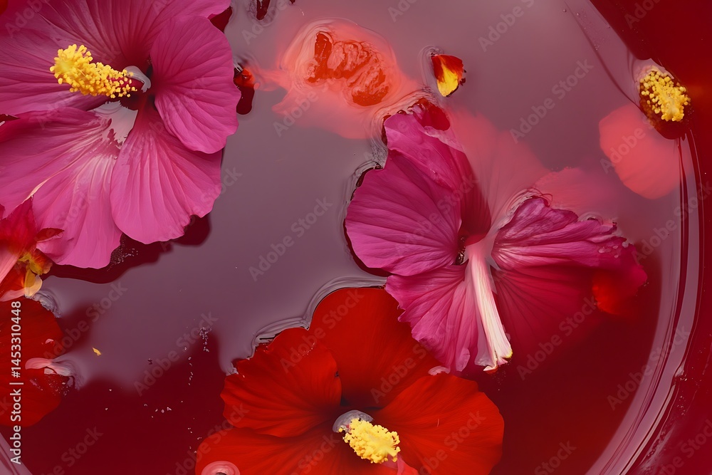 Floating Hibiscus Flowers In Water Serene Spa Still Life Red And Pink Blossoms Relaxing Floral Arrangement Tropical Beauty Close Up Floating Hibiscus Flowers In Water Serene Spa Still Life Red And Pink Blossoms Relaxing Floral Arrangement Tropical Beauty Close Up