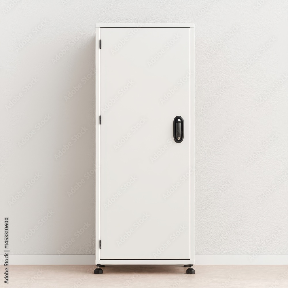 Simple White Cabinet Standing Against a Plain Wall in Interior Space Simple White Cabinet Standing Against a Plain Wall in Interior Space