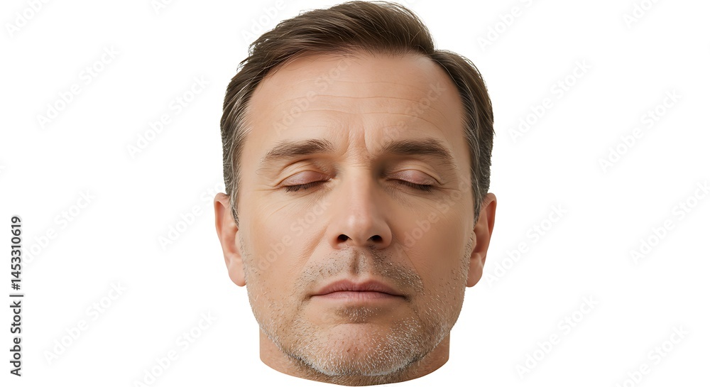 A closeup of a relaxed face with even breathing and soft expression during deep sleep centered on a plain white background
A closeup of a relaxed face with even breathing and soft expression during deep sleep centered on a plain white background