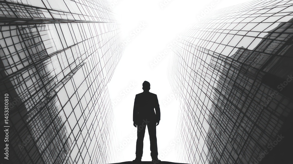 Obraz premium Silhouette Businessman Facing Skyscrapers. Urban Perspective. Possible Use Stock photo for business, leadership, ambition, or modern cityscape themes
