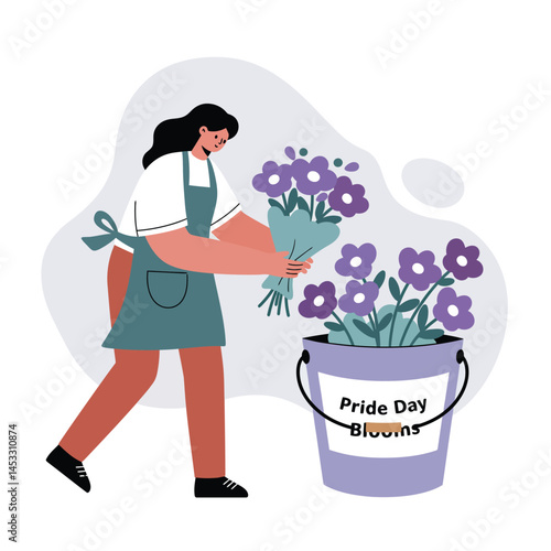 Woman arranging purple flowers in bucket labeled Pride Day Blooms for celebration and gardening activity vector illustration 