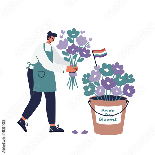 Florist arranging pride day blooms with rainbow flag and purple flowers celebrating diversity and inclusion vector illustration 