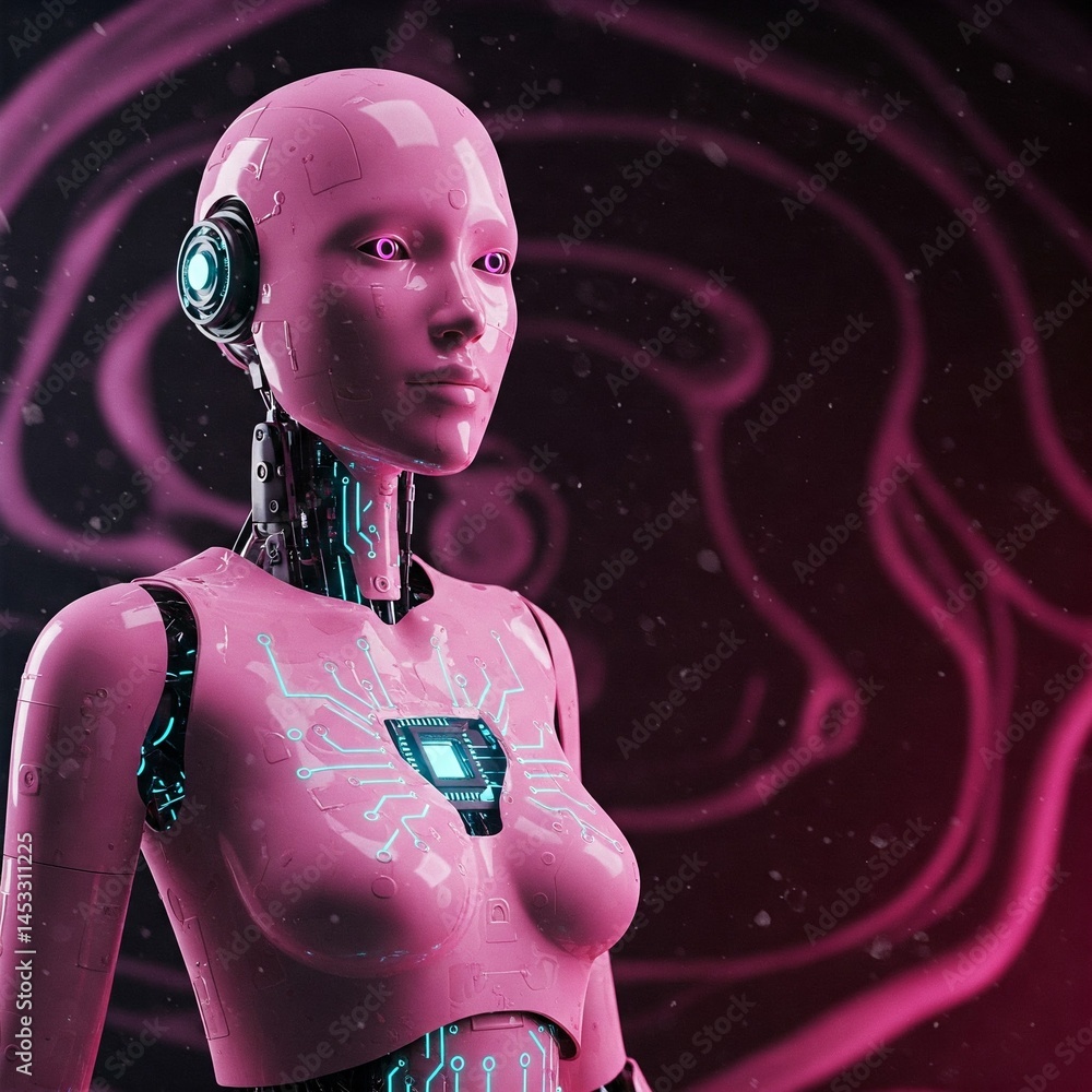 pink female robot with neon lights and a circuit board chest in a futuristic setting pink female robot with neon lights and a circuit board chest in a futuristic setting