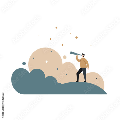 Man using telescope for star gazing with beige and dark blue clouds in minimalist vector illustration 