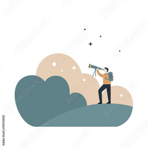 Man looking through telescope at stars on hill with large clouds and night sky vector illustration 