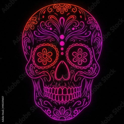 neon sugar skull day of the dead illustration in orange and pink colors