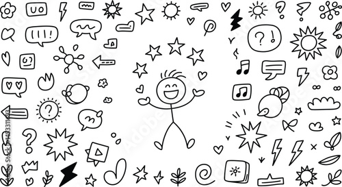Hand drawn illustration of a happy stick figure surrounded by doodle elements representing various symbols