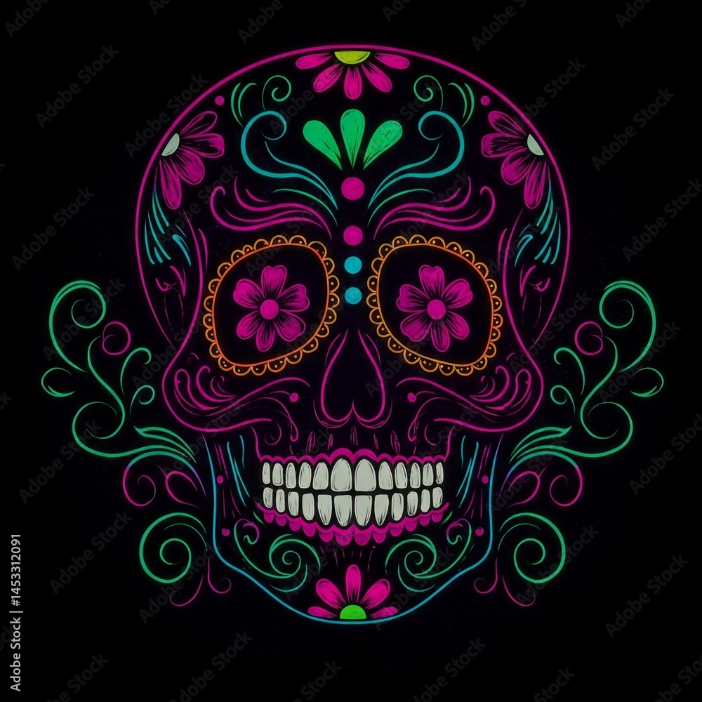 colorful day of the dead sugar skull with floral design and swirls on black background colorful day of the dead sugar skull with floral design and swirls on black background