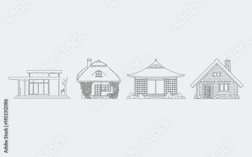 Architectural vector illustrations of various house styles including modern japanese and rustic cabin designs