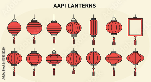 Red Asian American Pacific Islander Lanterns Traditional Festival Decorations Vector Illustration Set 