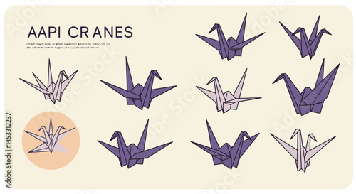Origami cranes vector illustration in purple and beige colors with paper art style for Asian American Pacific Islander cultural symbol meaning peace and hope 