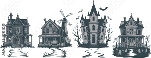 Spooky halloween illustration featuring four vintage and haunted house designs with eerie atmosphere elements